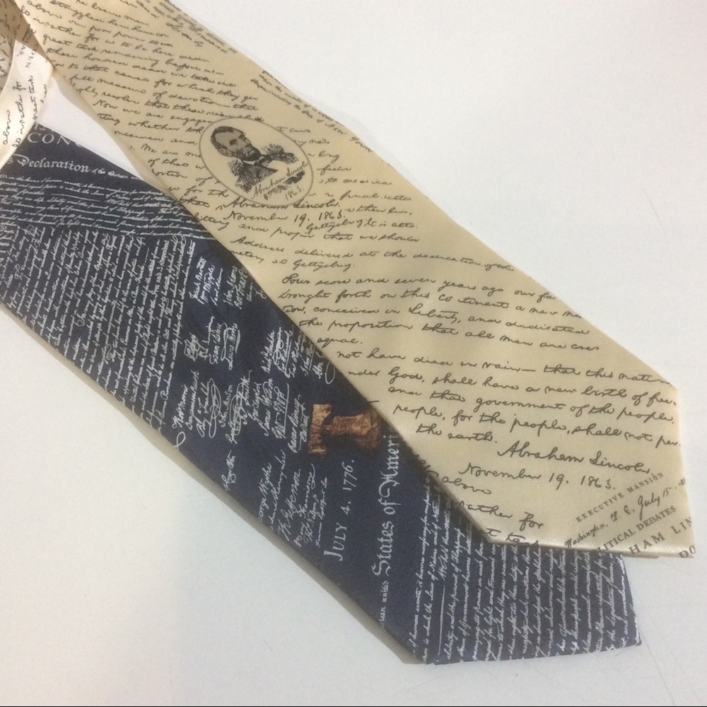 2 Museum Artifacts 100% Silk Tie Liberty Independence Lincoln Address Necktie